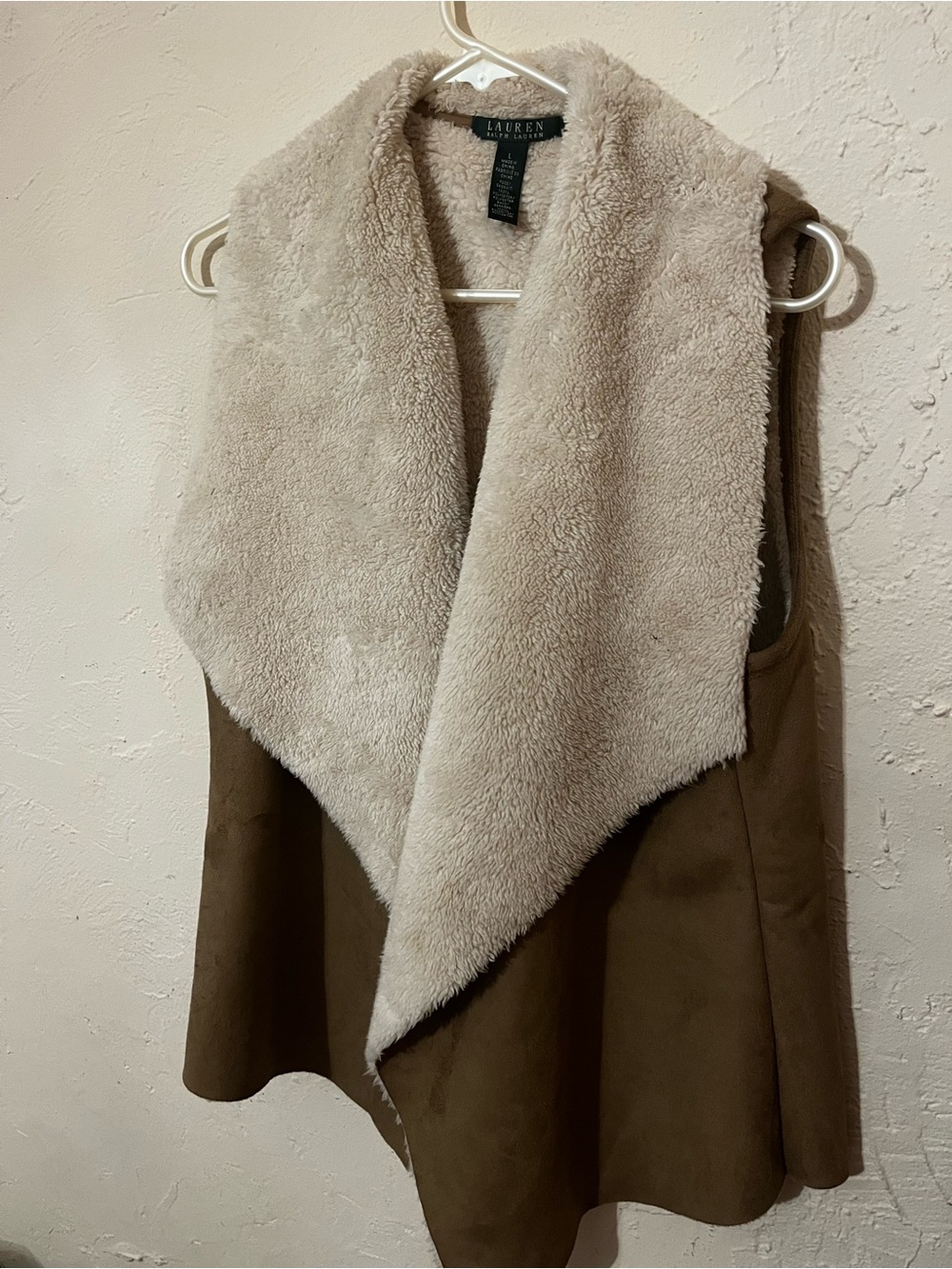 Ralph Lauren Taupe Faux-Suede Vest with Cream Shearling Collar